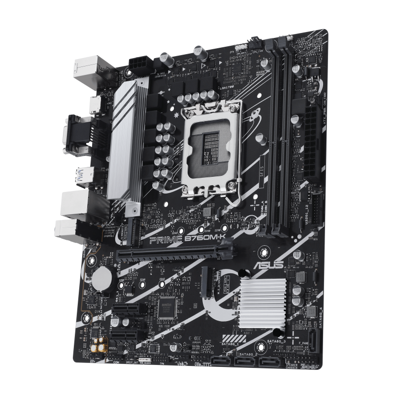 ASUS Prime B760M-K, An Intel® B760 LGA 1700 MATX Motherboard With PCIe 4.0, Two PCIe 4.0 M.2 Slots, DDR5, Realtek 2.5Gb Ethernet, VGA, HDMI™, SATA 6 Gbps, Front USB 3.2 Gen 1, Aura Sync