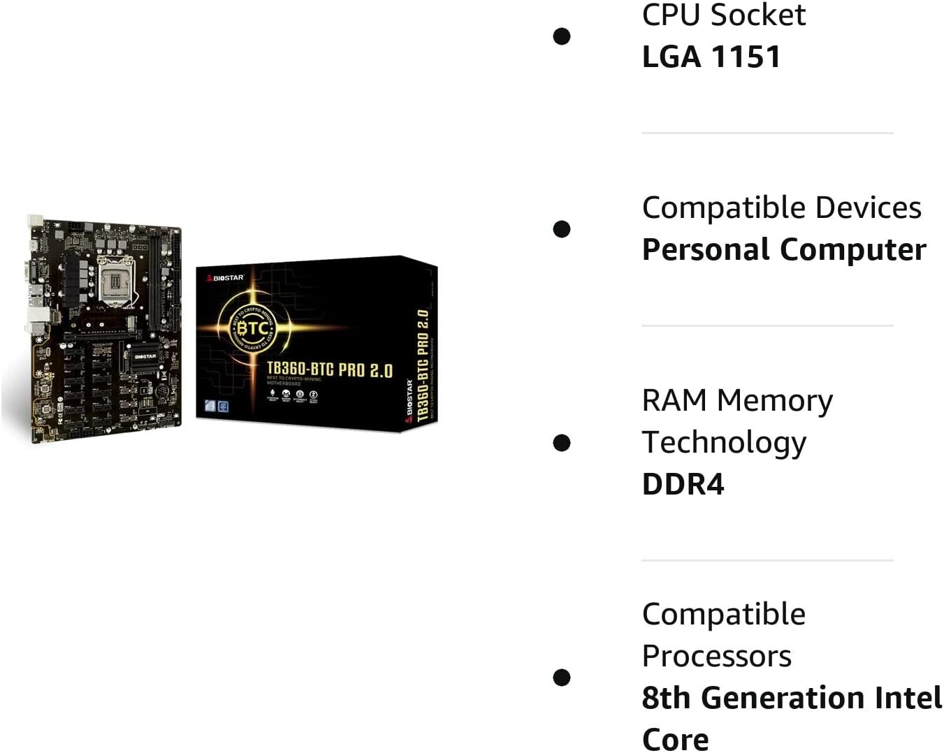 Biostar TB360-BTC PRO 2.0 Motherboard Core I7 I5 I3 Intel 8th 9th Gen LGA1151 Intel B360 Support Dual Channel DDR4 1866/ 2133/ 2400/ 2666 MHz, 12 GPU Mining Motherboard Upgraded Model