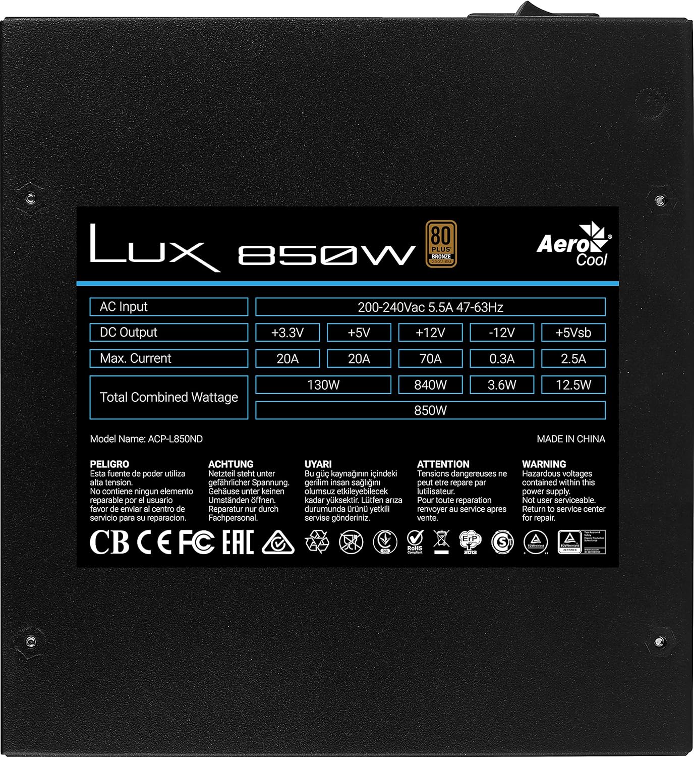 AeroCool LUX850 PC Power Supply 850W, 80 Plus Bronze 230V 88% EFC, APFC