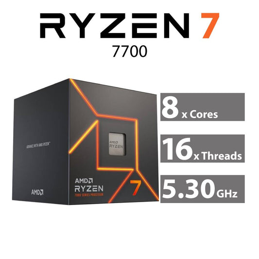 CPU AMD Ryzen 7 7700 – AMD 7000 Series Ryzen 7 7700 Desktop Processor 8 Cores 16 Threads 40 MB Cache 3.8 GHz Upto 5.3 GHz AM5 Socket  Bundled With AMD Wraith Prism RGB LED CPU Heatsink Cooler (100-100000592BOX)