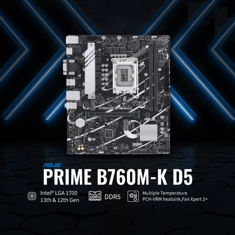 ASUS Prime B760M-K, An Intel® B760 LGA 1700 MATX Motherboard With PCIe 4.0, Two PCIe 4.0 M.2 Slots, DDR5, Realtek 2.5Gb Ethernet, VGA, HDMI™, SATA 6 Gbps, Front USB 3.2 Gen 1, Aura Sync