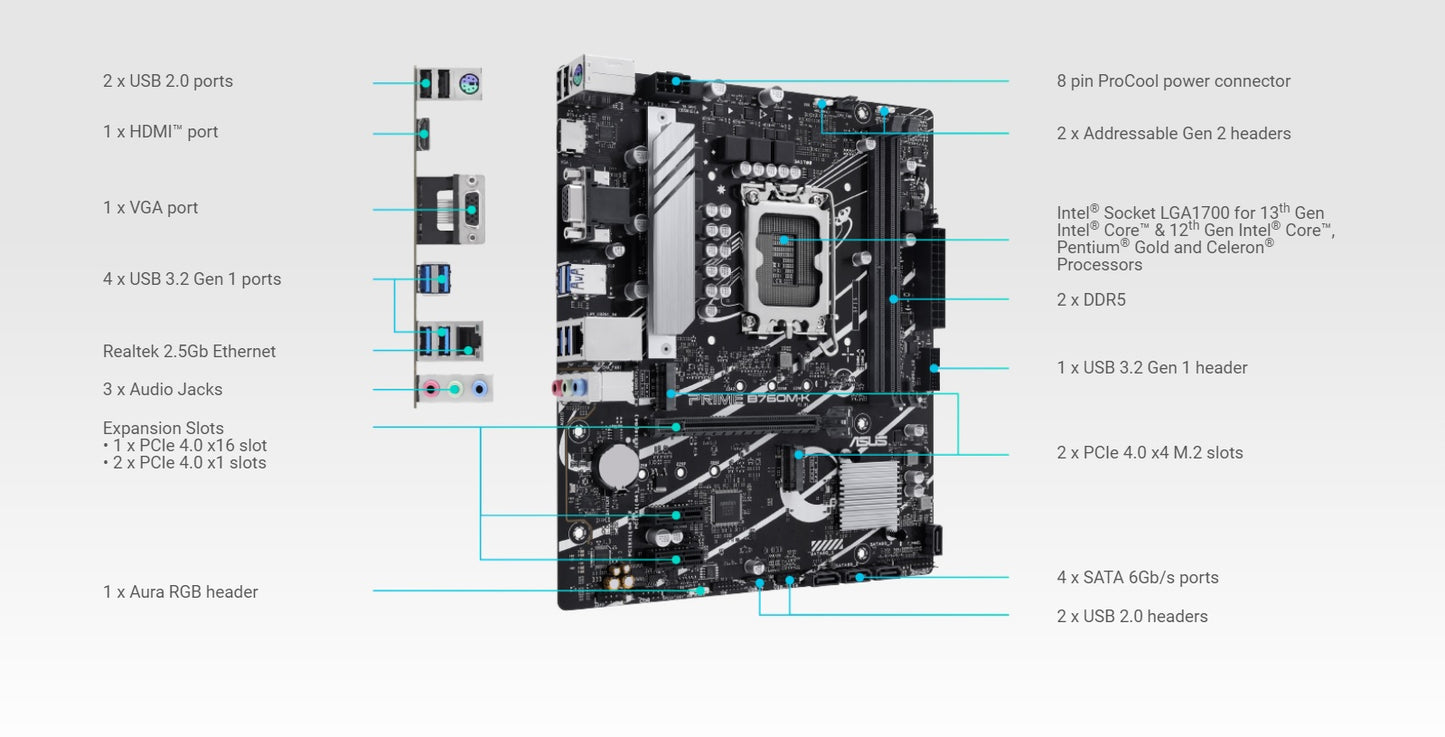 ASUS Prime B760M-K, An Intel® B760 LGA 1700 MATX Motherboard With PCIe 4.0, Two PCIe 4.0 M.2 Slots, DDR5, Realtek 2.5Gb Ethernet, VGA, HDMI™, SATA 6 Gbps, Front USB 3.2 Gen 1, Aura Sync