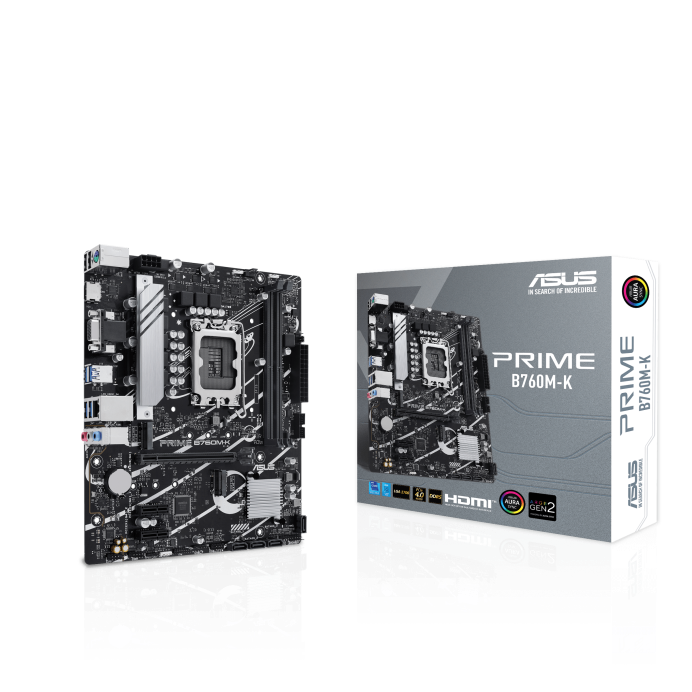 ASUS Prime B760M-K, An Intel® B760 LGA 1700 MATX Motherboard With PCIe 4.0, Two PCIe 4.0 M.2 Slots, DDR5, Realtek 2.5Gb Ethernet, VGA, HDMI™, SATA 6 Gbps, Front USB 3.2 Gen 1, Aura Sync