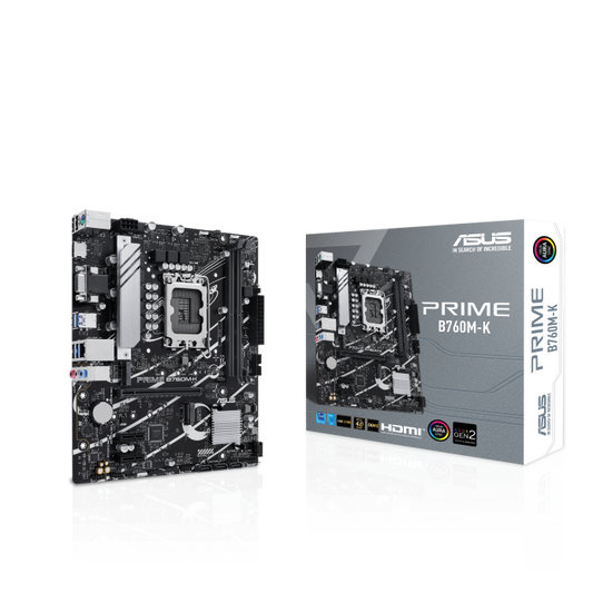 ASUS Prime B760M-K, An Intel® B760 LGA 1700 MATX Motherboard With PCIe 4.0, Two PCIe 4.0 M.2 Slots, DDR5, Realtek 2.5Gb Ethernet, VGA, HDMI™, SATA 6 Gbps, Front USB 3.2 Gen 1, Aura Sync